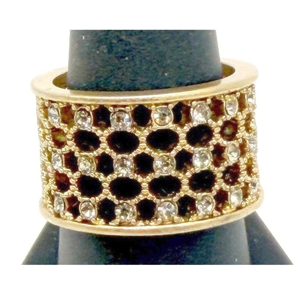 Vintage Gold Tone Wide Lattice Ring Rhinestone Mesh Statement Size 10 Bold